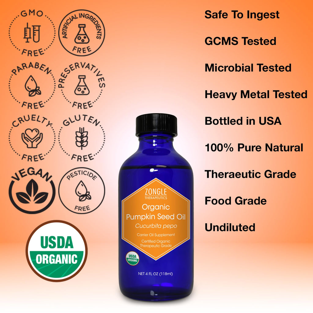 Zongle Therapeutics Organic, Pumpkin Seed Oil, Supplement, for Hair Growth - 100% Pure, Pumpkin Seed Oil, Cold Pressed, 4 OZ