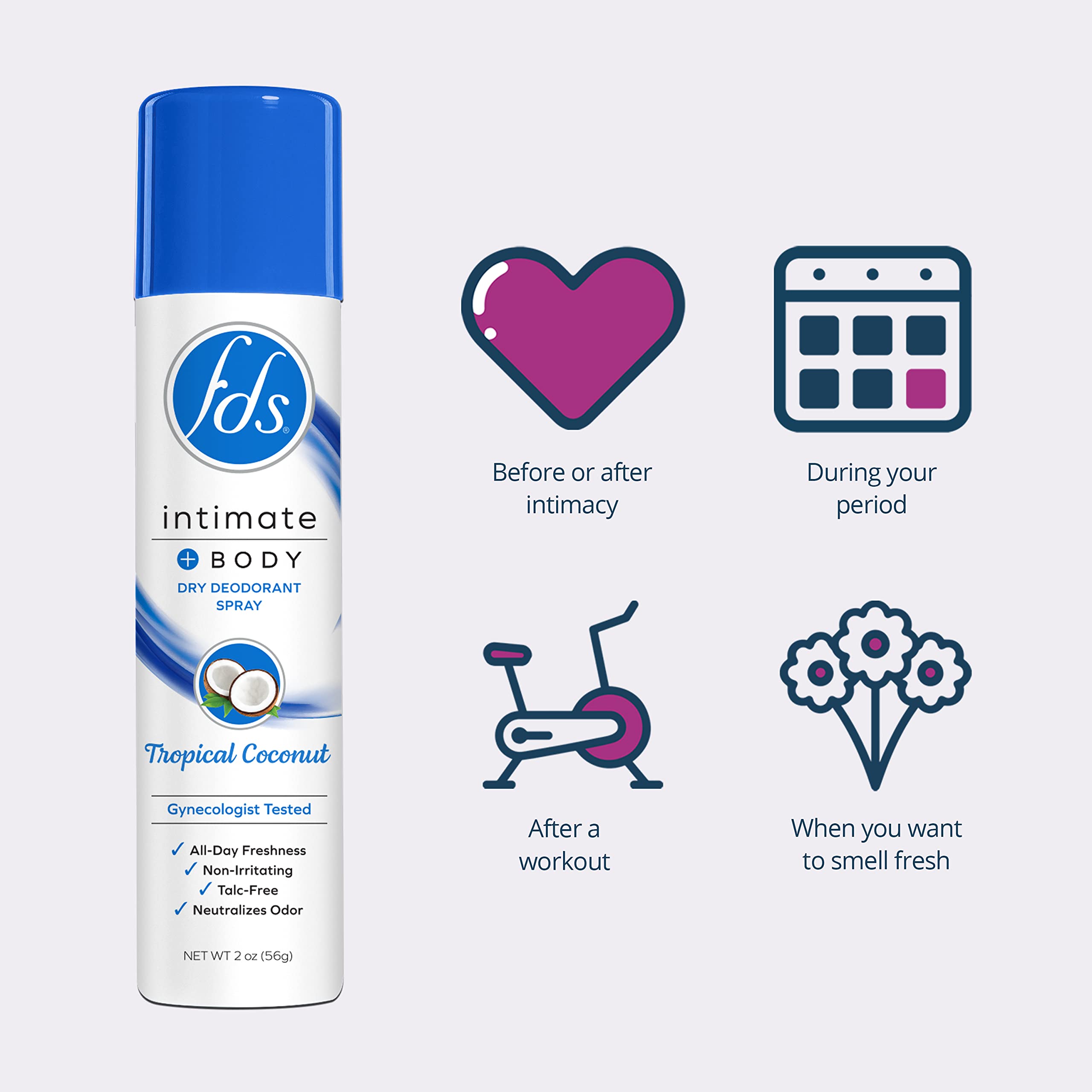 FDS Intimate Deodorant Spray, Tropical Coconut, 2 oz (Pack of 3), Feminine Spray for All Day Freshness & Odor Protection; pH-bal