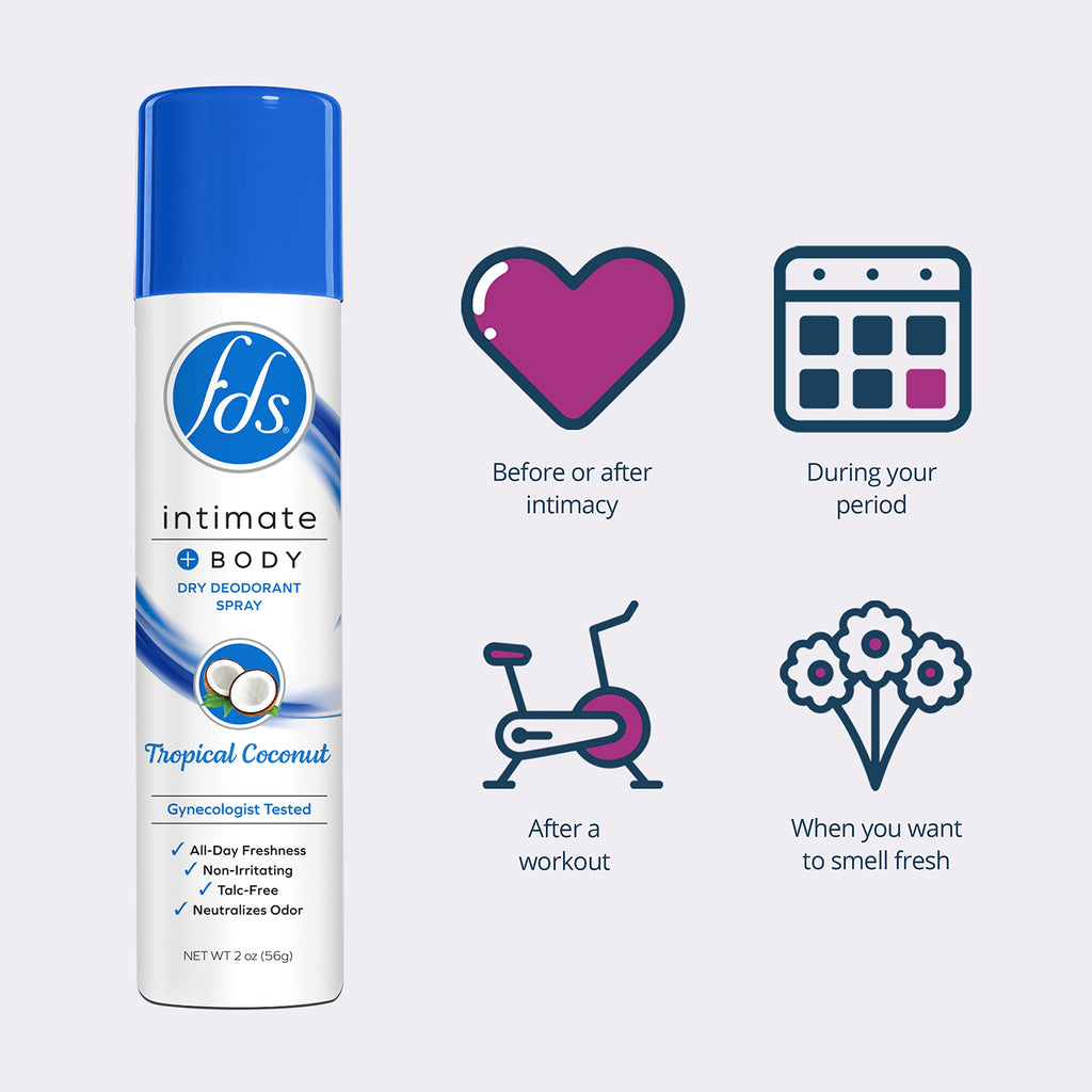 FDS Intimate Deodorant Spray, Tropical Coconut, 2 oz (Pack of 3), Feminine Spray for All Day Freshness & Odor Protection; pH-bal