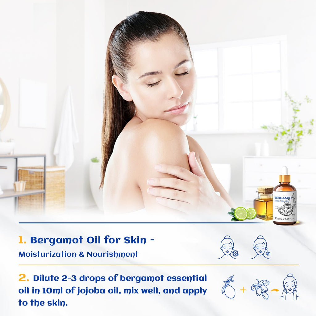 HIQILI Bergamot Essential Oil for Skin, Diffuser & Deodorize, 100% Pure and Natural - 1.01 Fl Oz