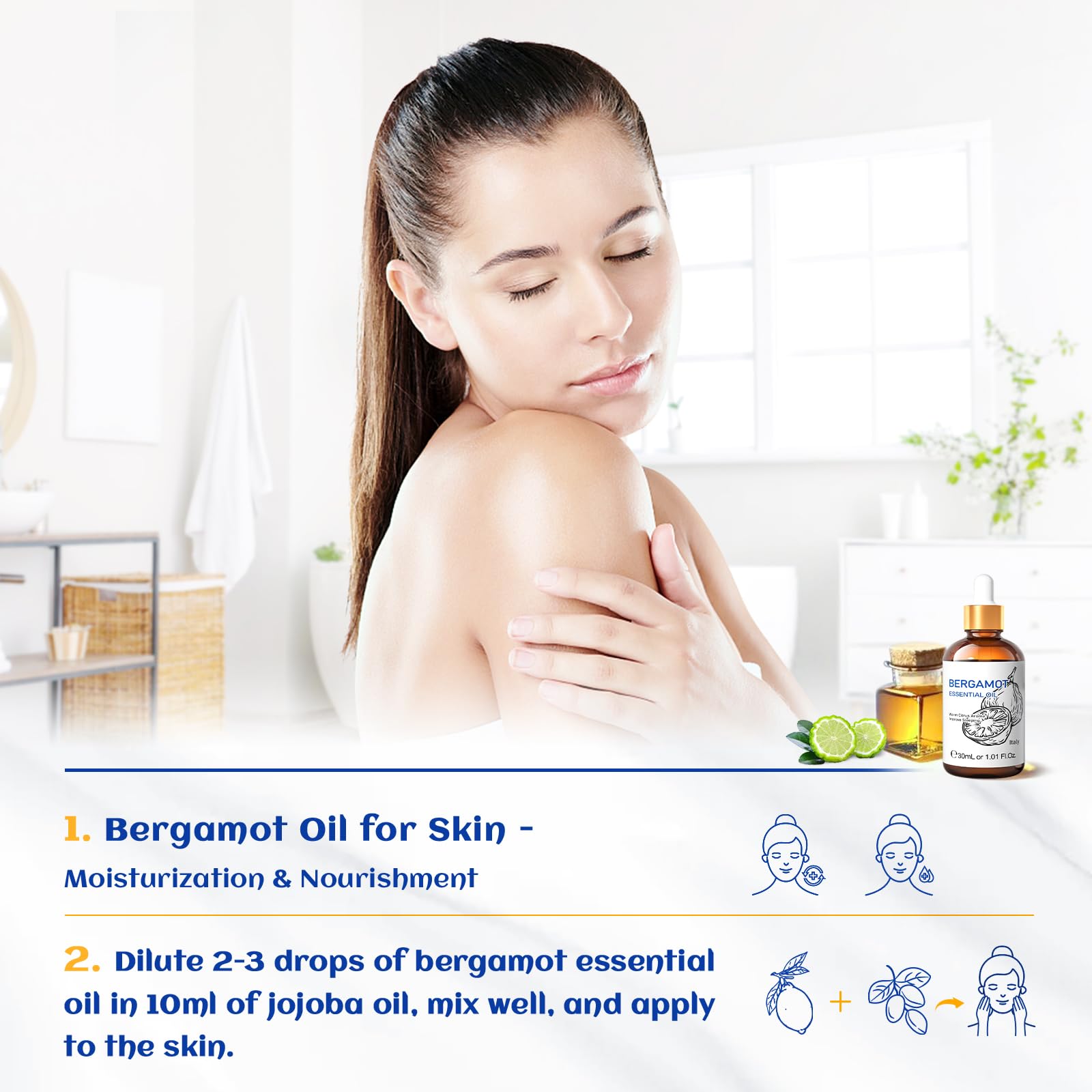 HIQILI Bergamot Essential Oil for Skin, Diffuser & Deodorize, 100% Pure and Natural - 1.01 Fl Oz