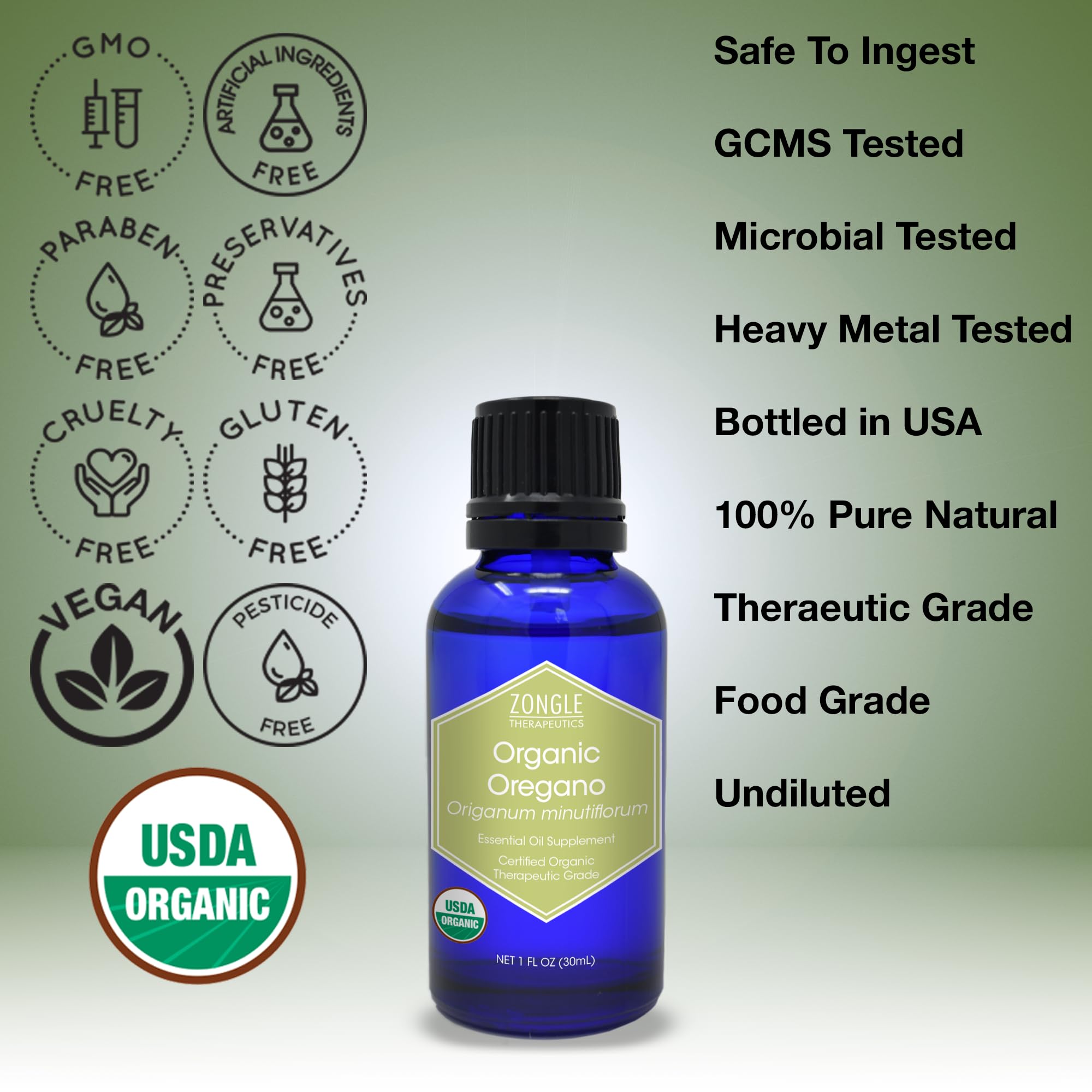 Zongle Therapeutics Organic, Oregano Oil, Food Grade, Safe for Ingestion, Edible, for Drops, Kids - 100% Pure, Oregano Essential