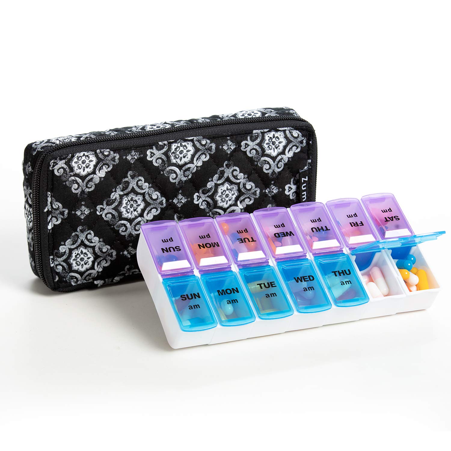 ZUMD Weekly 7 Day Pill Organizer Case 2 Times a Day (AM/PM), Large Portable Pill Box 7 Day for Vitamin Medicine, Pill Case with 