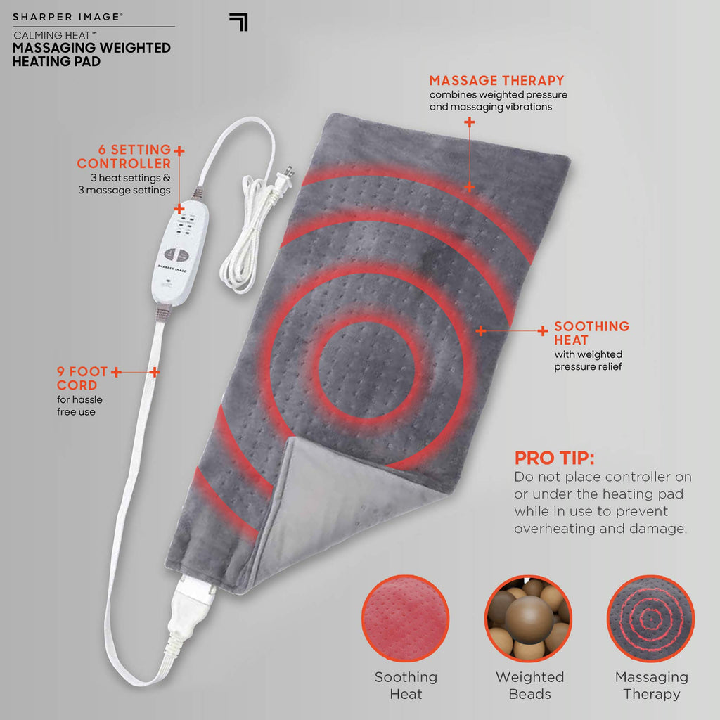 Calming Heat Massaging Weighted Heating Pad by Sharper Image- Electric Heating Pad with Massaging Vibrations, Auto-Off,12 Settin