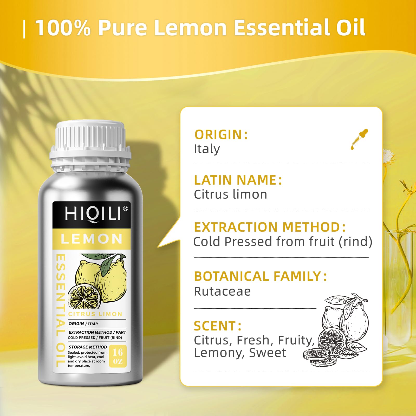 HIQILI 16 Fl Oz Lemon Essential Oil, 100% Pure Undiluted for Skin, Cleaning, Diffuser - 500ML