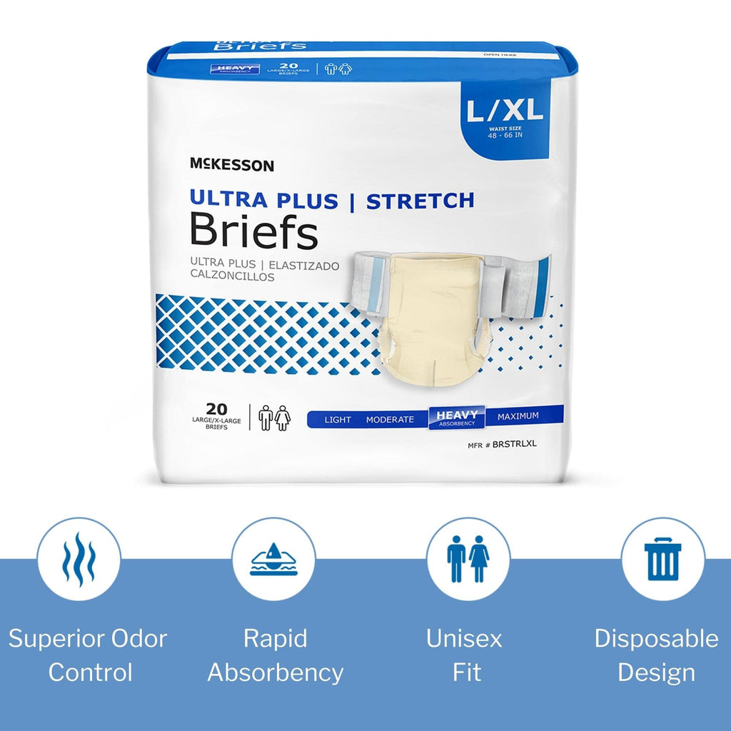 McKesson Ultra Plus Stretch Briefs, [80 Count], L/XL, 48-66 in. Incontinence Adult Diapers, Heavy Absorbency, Unisex, Disposable