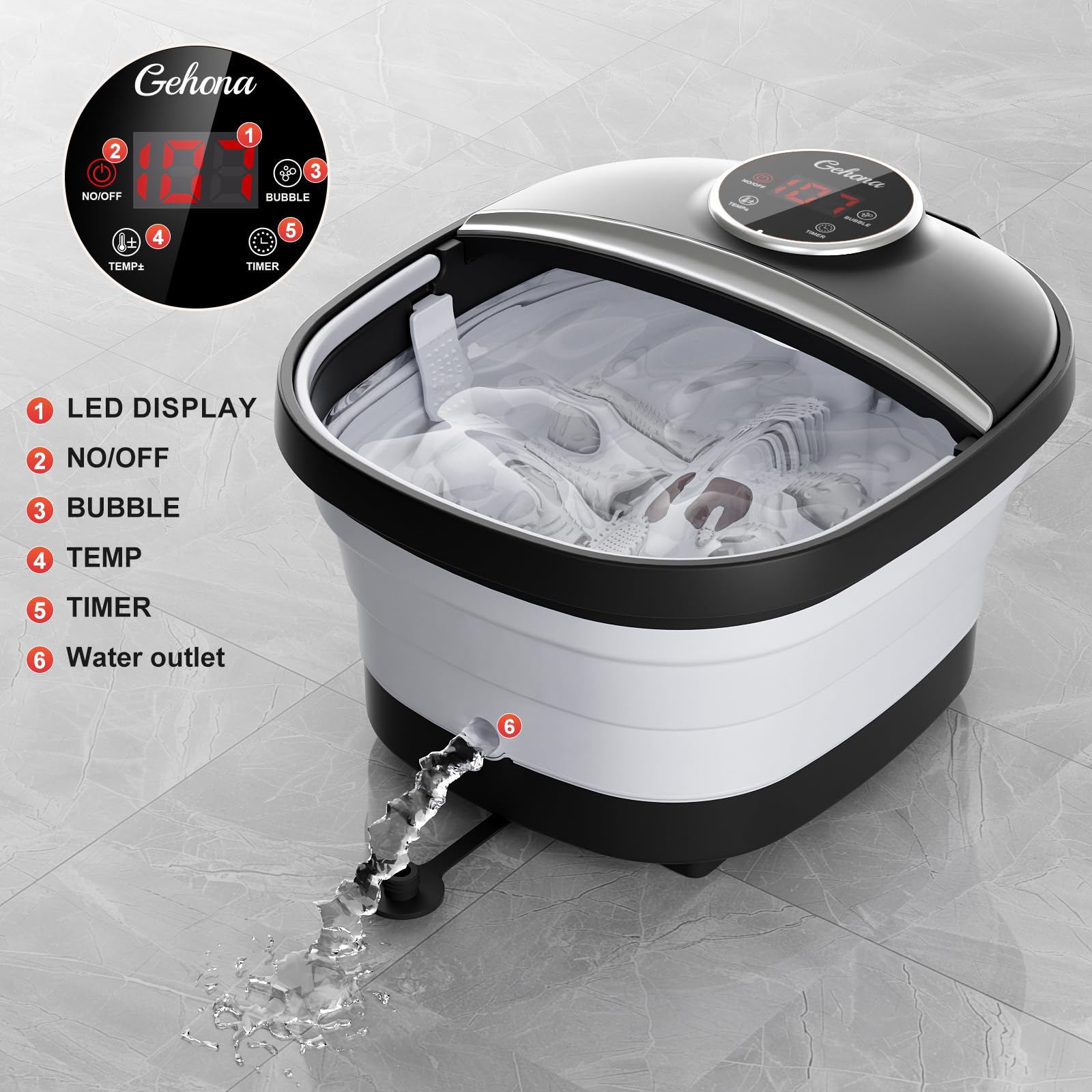 GEHONA Collapsible Foot Spa Bath with Heat,Foot Massager with Two Side Supports,Leakage Protector,Temperature Control,Bubbles,Re