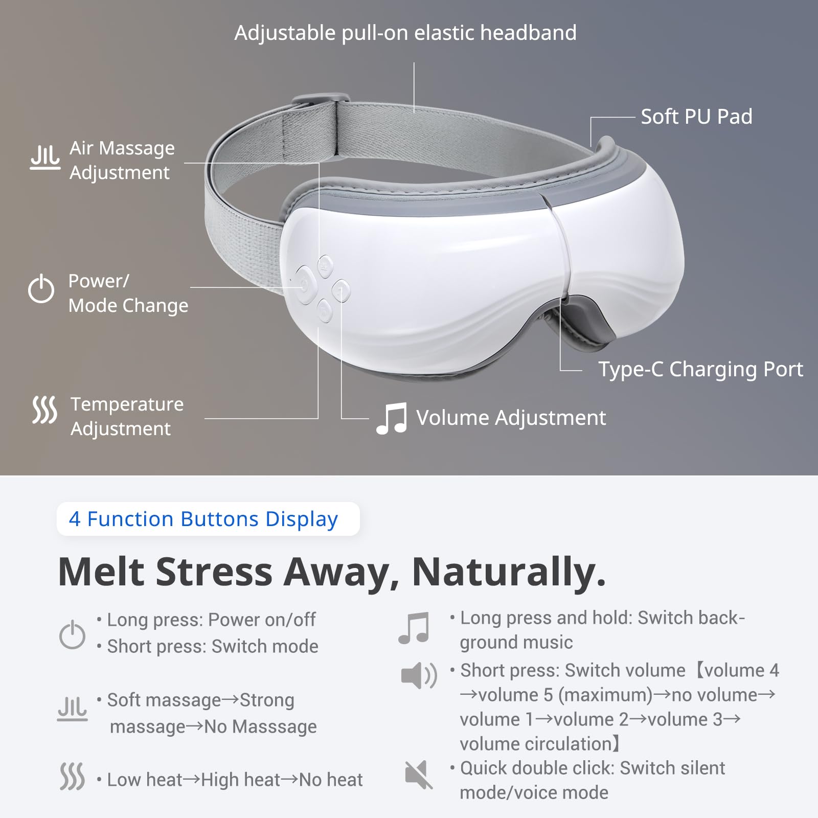 5 Mode Heated Eye Massager with Heat and Cooling, Eye Massage with Bluetooth Capability and Voice Announcement