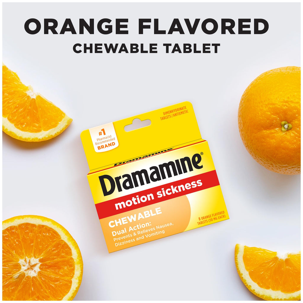 Dramamine Chewable, Motion Sickness Relief, Orange Flavor, 8 Count
