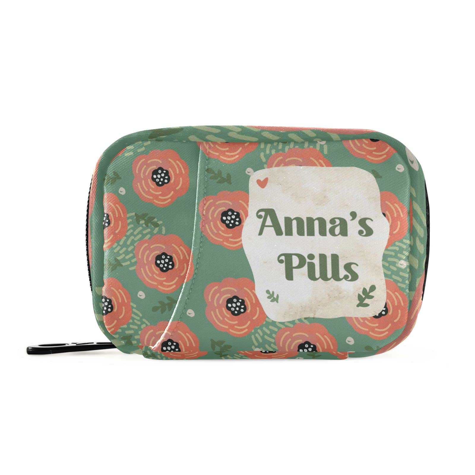 Custom Pill Box 7 Day Pill Case Bag Vintage Poppies Floral Personalized Name Travel Pill Organizer Bag with Zipper Portable Week