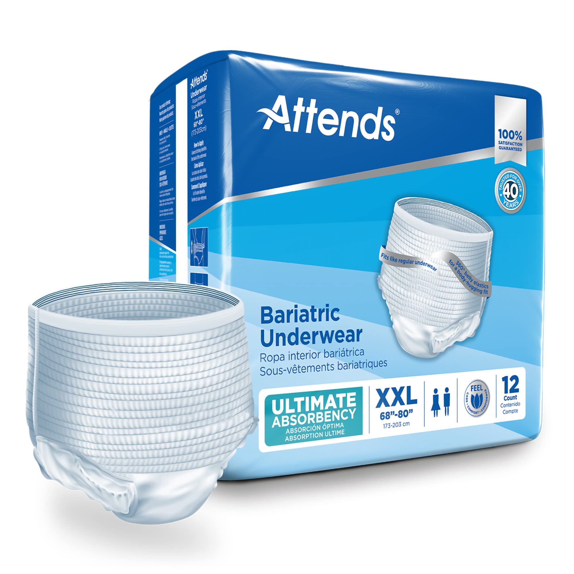Attends Bariatric Underwear for Adult Incontinence Care with ConfidenceCuff Protection, Ultimate Absorbency, Unisex, XX-Large, 1