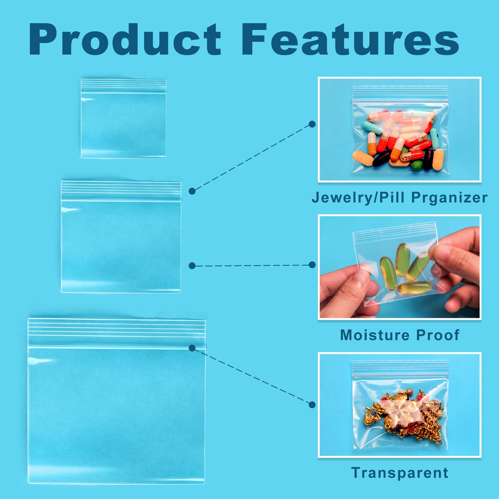 300 Packs Small Pill Bags, 6 mil Sturdy 3 Assorted Sizes 2x1.85, 2.5x2.25, 3x2.75 Plastic Bags, Reusable Bags Clear Zip Ba