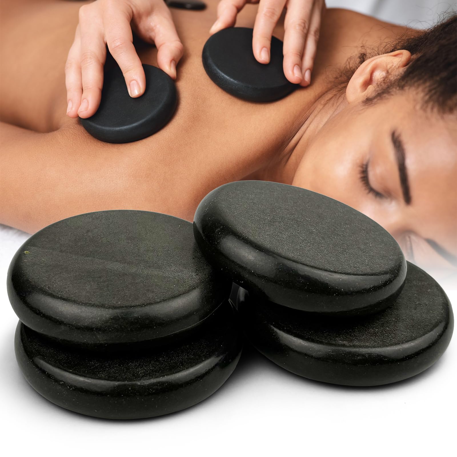 DEFUNX Massage Stones 4-Piece Set - Large Round Hot Stones Massage Kit for Back, Arms, Legs - 3.15