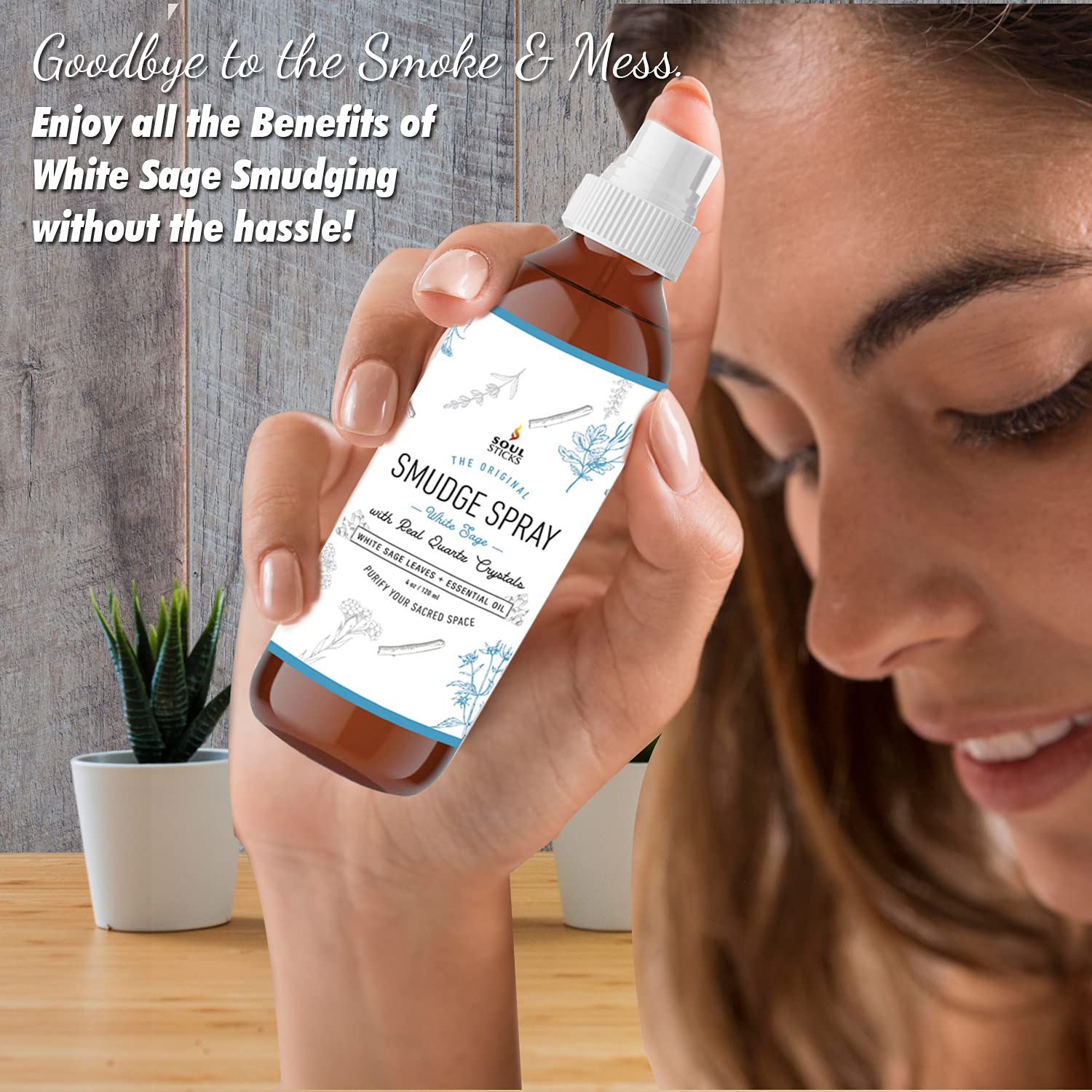 SOUL STICKS White Sage with Pearl Smudge Spray - 3.5oz Smokeless Energy Mist - Quartz Crystal & Pearl Infused Aura Cleanser - Sp