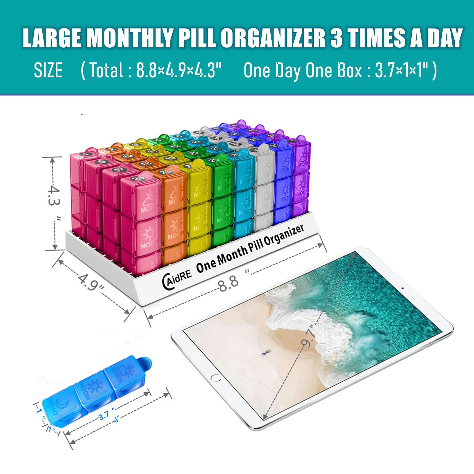 CAidRE Monthly Pill Organizer 31 Day 3 Times a Day - One Month Pill Box for Medications, Fish Oil, Vitamins & Supplements - 30 D