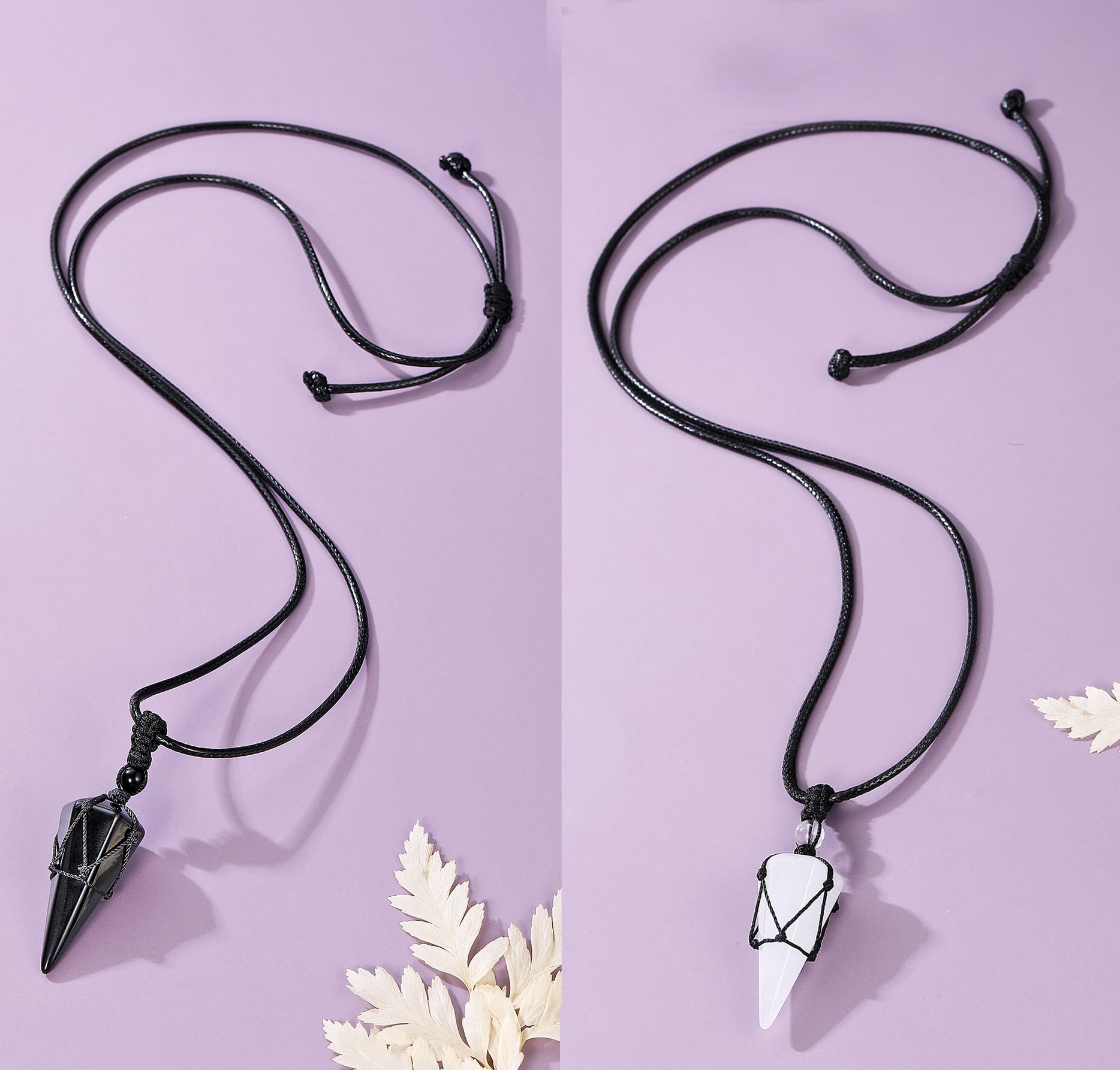 Top Plaza 2pcs Black Obsidian Clear Quartz Healing Crystal Stone Necklace for Women Men 6 Facet Pointed Pendant Necklaces Adjust