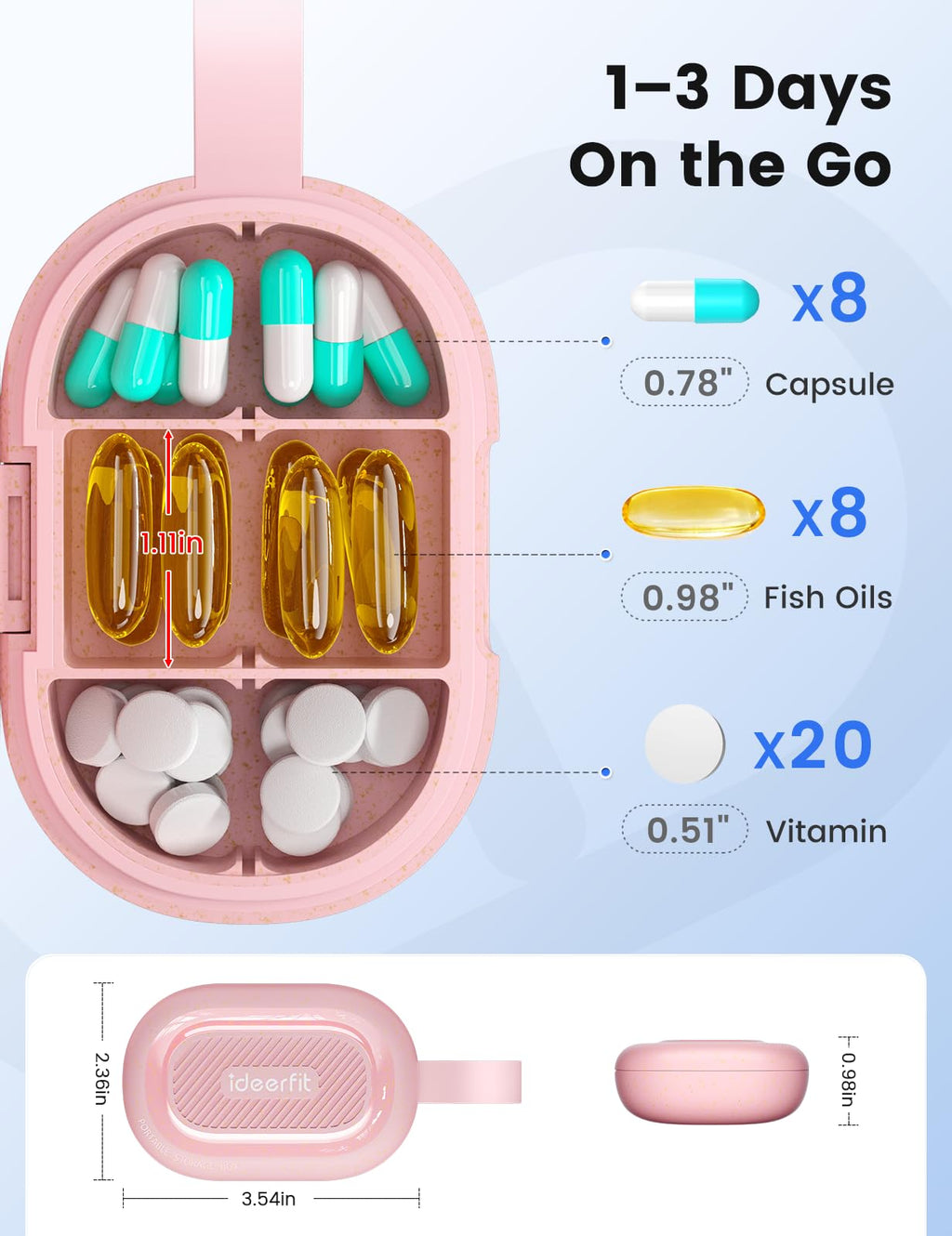 Ideerfit Travel Pill Organizer, Adjustable 3-6 Compartments Portable Pill Box, Small Pill Case Daily Medicine Container Moisture