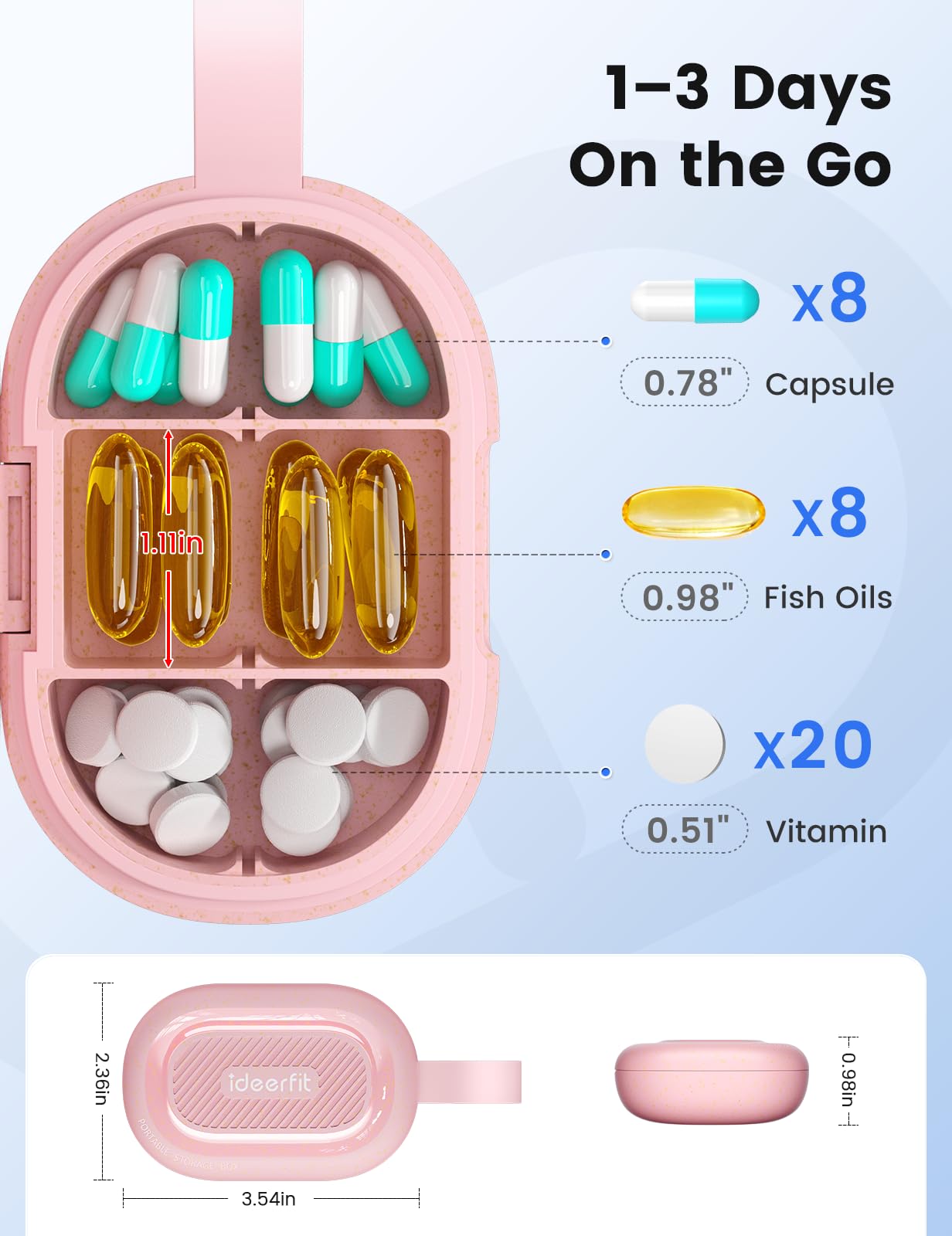 Ideerfit Travel Pill Organizer, Adjustable 3-6 Compartments Portable Pill Box, Small Pill Case Daily Medicine Container Moisture