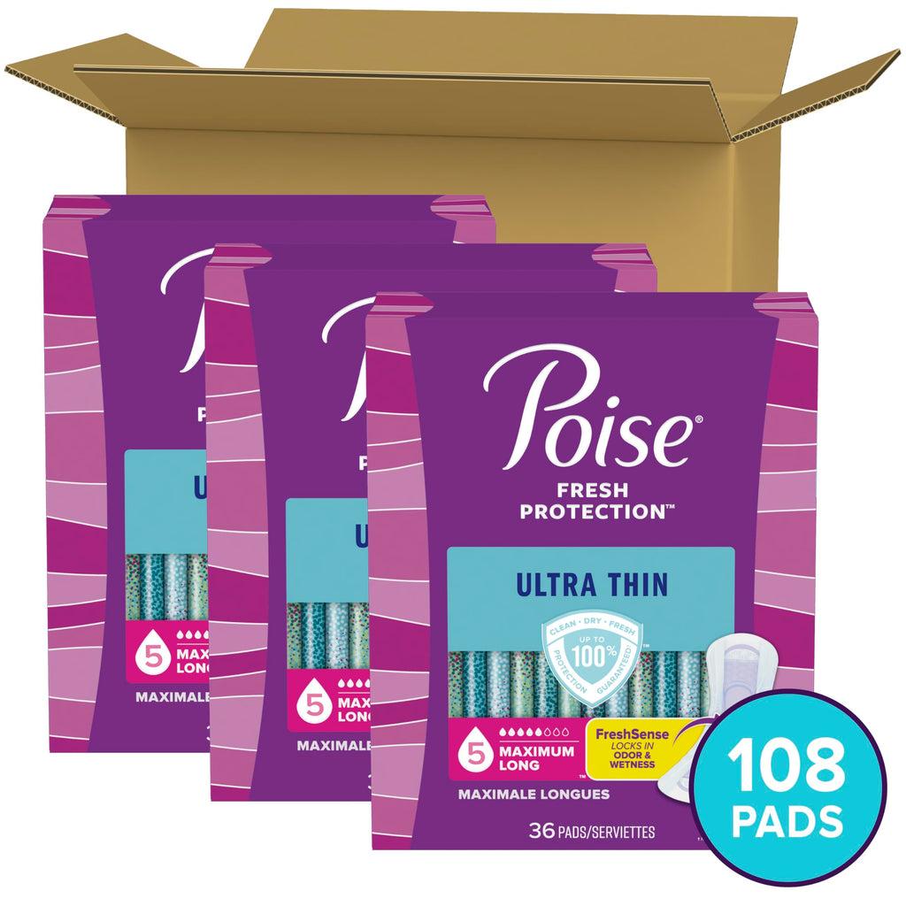 Poise Ultra Thin Incontinence Pads & Postpartum Incontinence Pads, 5 Drop Maximum Absorbency, Long Length, 108 Count (3 Packs of