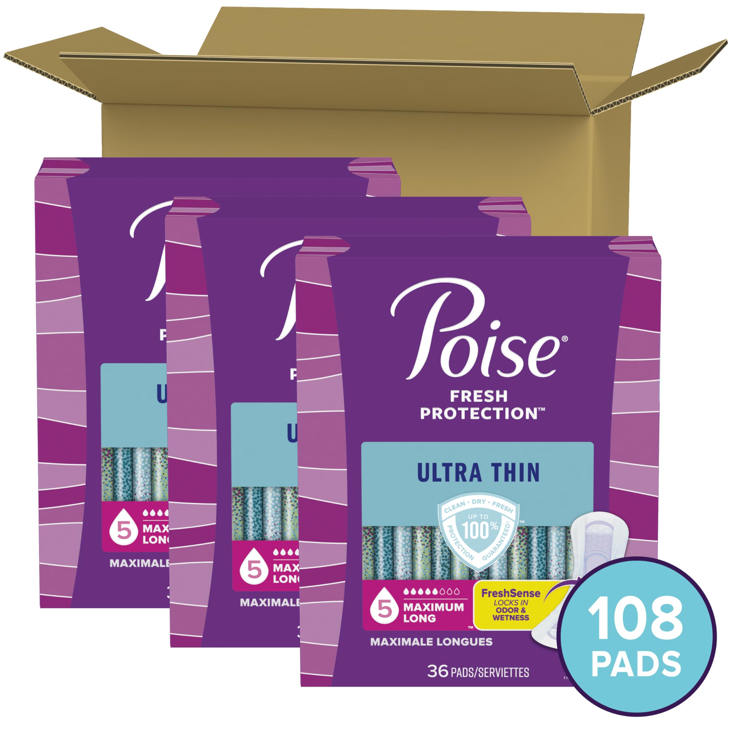 Poise Ultra Thin Incontinence Pads & Postpartum Incontinence Pads, 5 Drop Maximum Absorbency, Long Length, 108 Count (3 Packs of