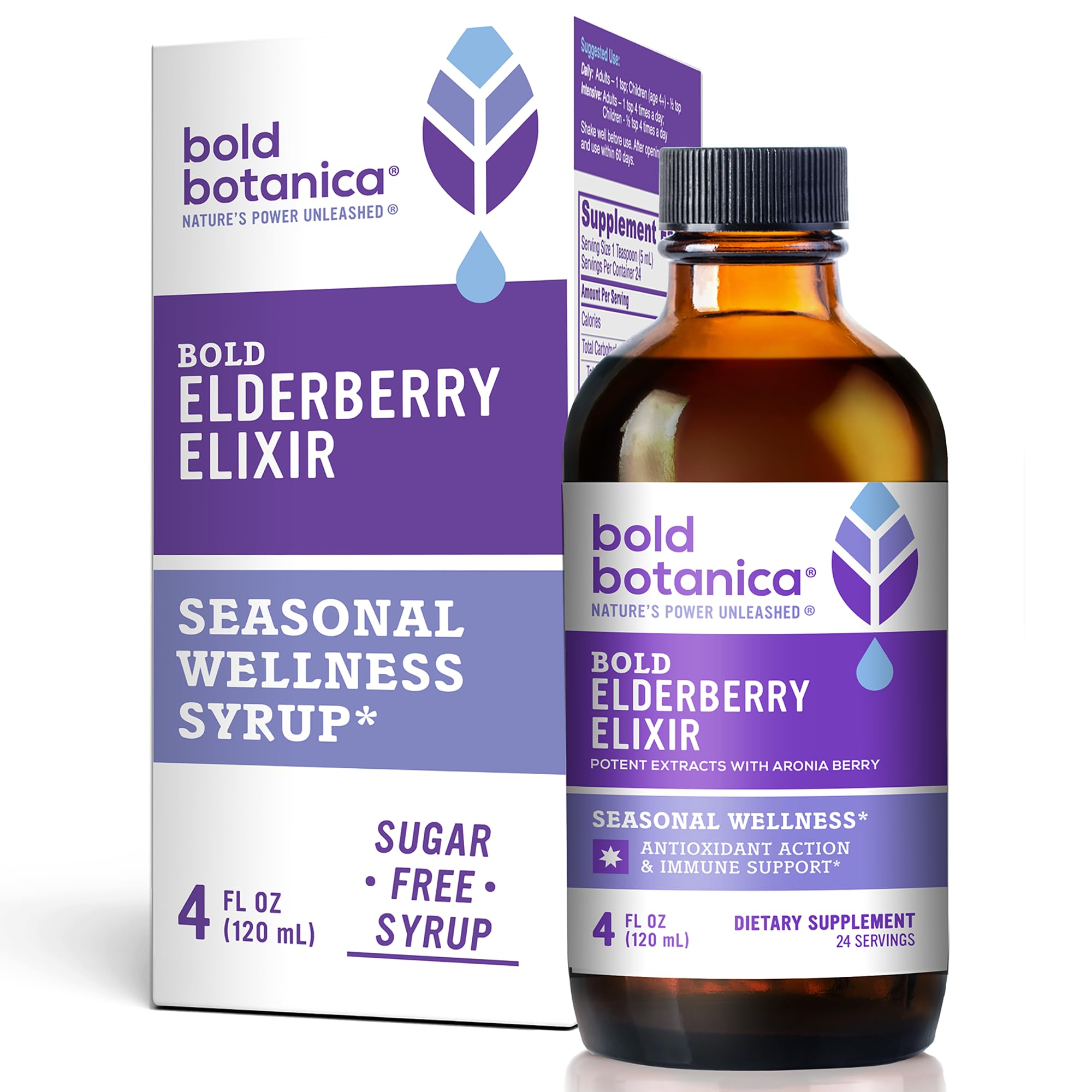 Bold Botanica Elderberry Elixir - 65x Concentrated Extract - Sugar-Free - Kid Friendly - Black Elderberry Syrup with Aronia Berr