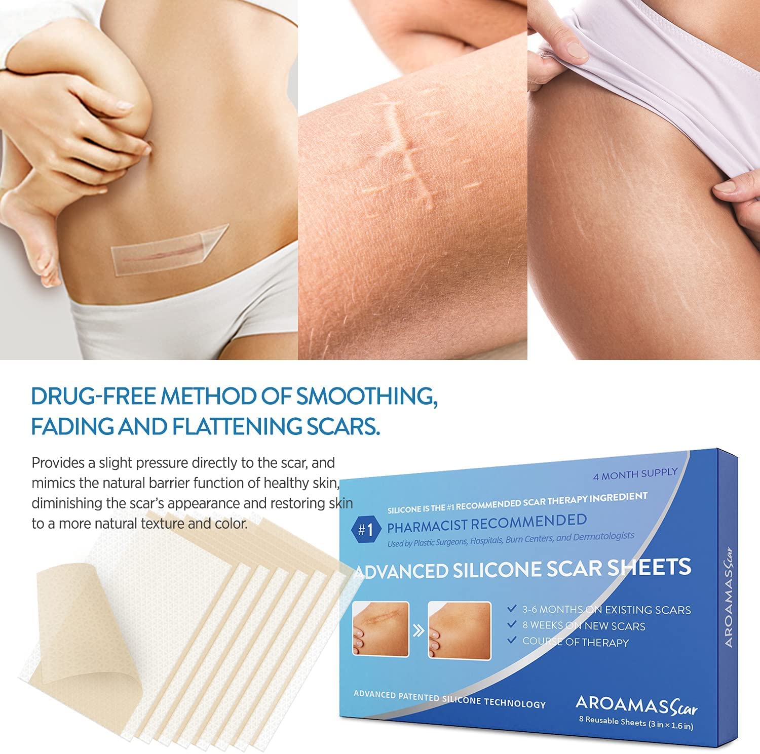 Aroamas Scar Professional Soft Silicone Scar Sheets Strips, Soften and Flattens Scars Resulting from Surgery, Injury, Burns, C-S