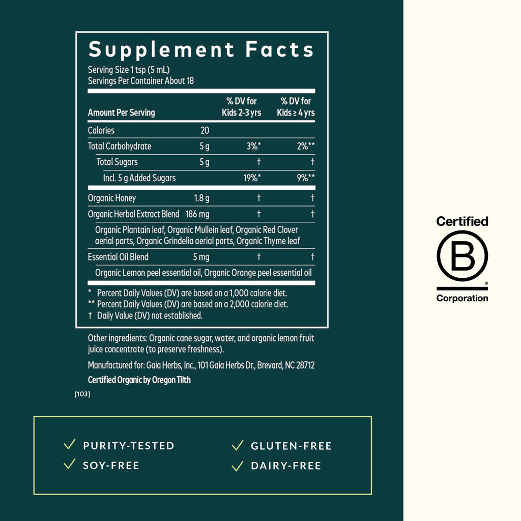 Gaia Kids Bronchial Wellness Syrup - Immune Support Supplement - Overall Throat & Lung Health Support - Certified Organic Formul
