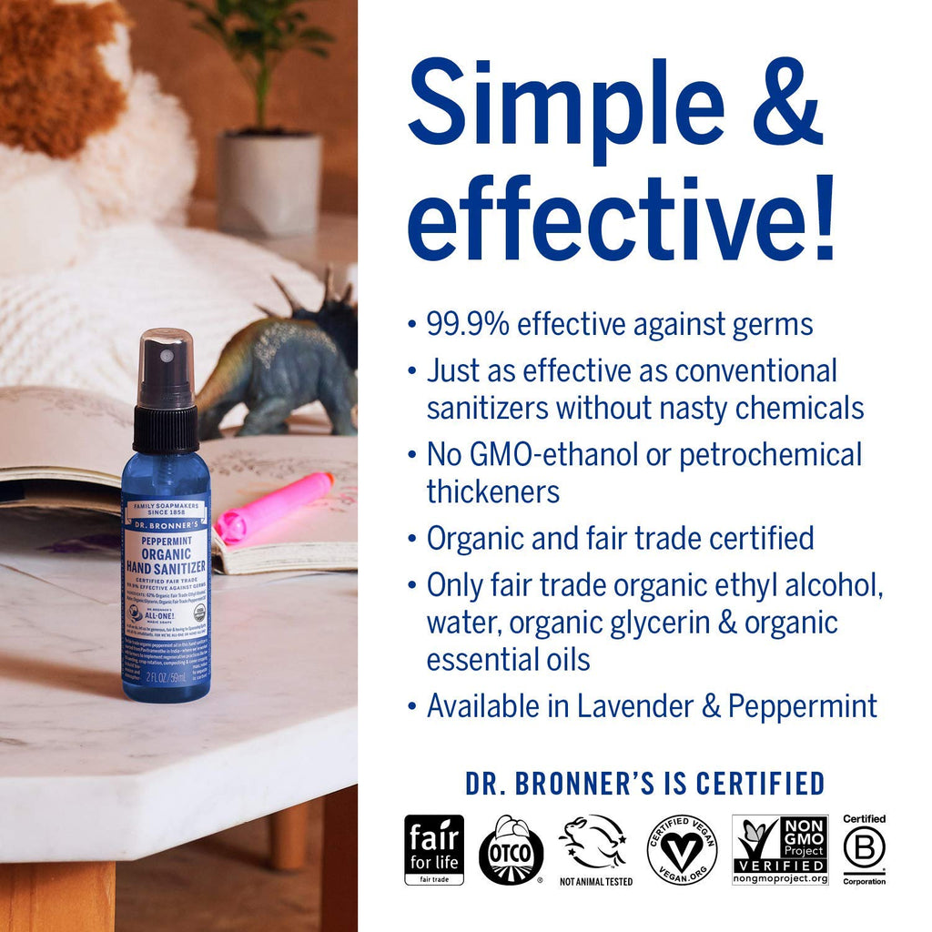 Dr. Bronners - Organic Hand Sanitizer Spray Variety Pack (Lavender & Peppermint, 2 oz, 6-Pack) Simple & Effective Formula, Clea