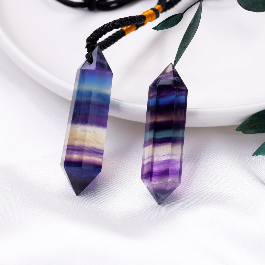 Runyangshi Rainbow Fluorite Healing Crystal Pendants, Double Pointed Natural Crystal Quartz Necklace 6 Faceted Chakra Crystal Wa