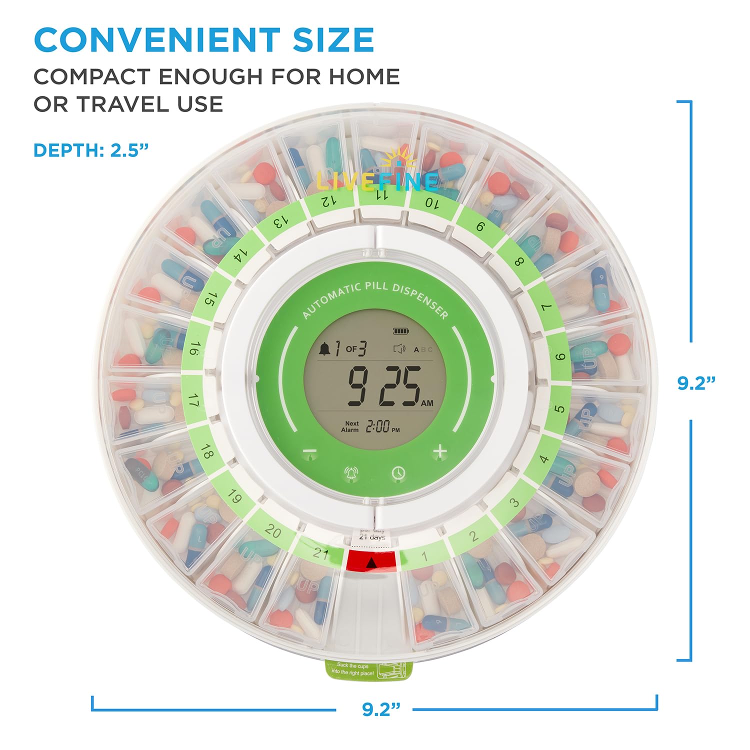 LiveFine Automatic Pill Dispenser with Removable Cups, 21 Compartments, 9 Dosage Rings, Alarm Reminder, LCD Display, Sound & Lig
