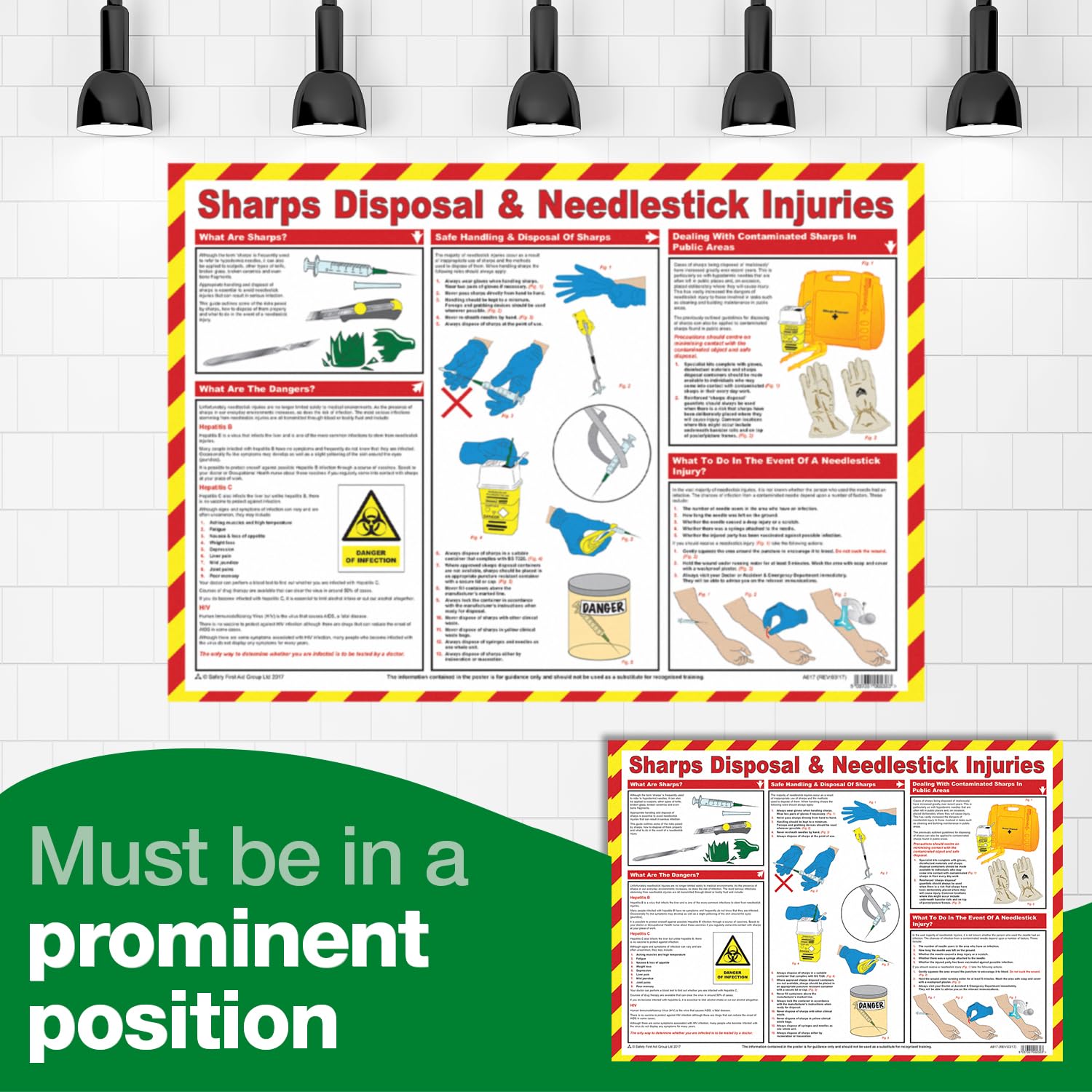 Safety First Aid Laminated Sharps Disposal and Needle Stick Injuries Poster