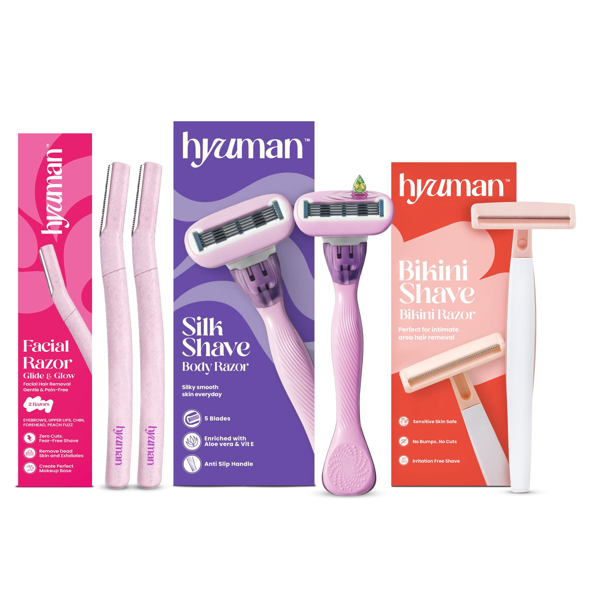 Hyuman 3In1 Grooming Combo  Face Razor 2 + Silkshave + Bikini Razor | Hair Removal Set (Set Of 3)
