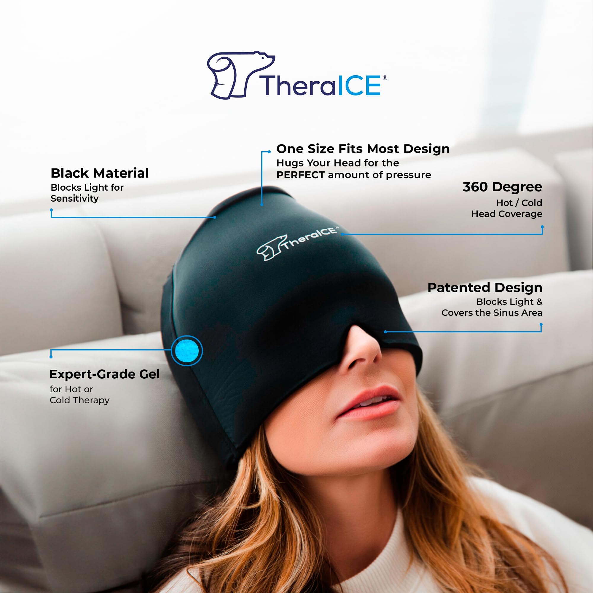 TheraICE Migraine Relief Cap, Soothing Headache Hat Ice Pack Mask, Face Cold Compress Cooling Gel Head Wrap Products for Tension