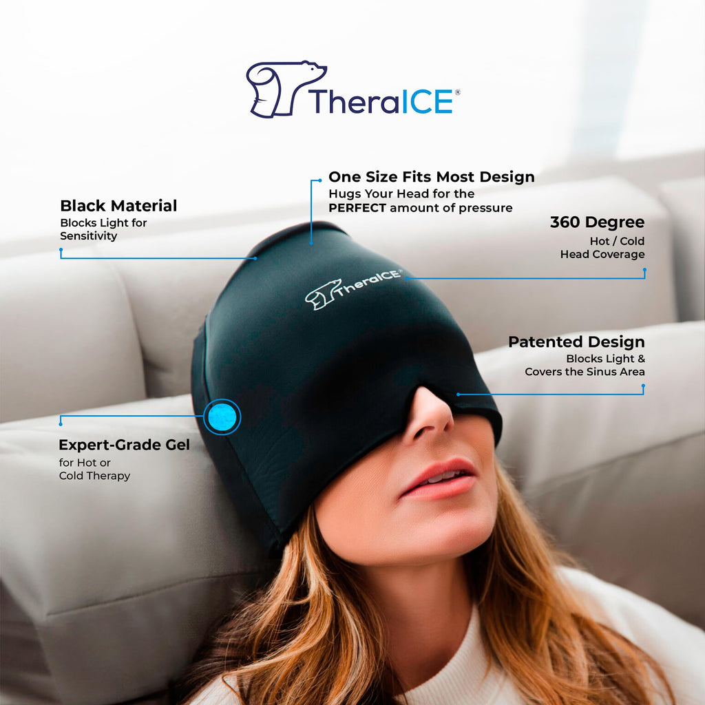TheraICE Migraine Relief Cap, Soothing Headache Ice Pack Mask Products, Cooling Gel Hat, Face Cold Compress Head Wrap for Tensio