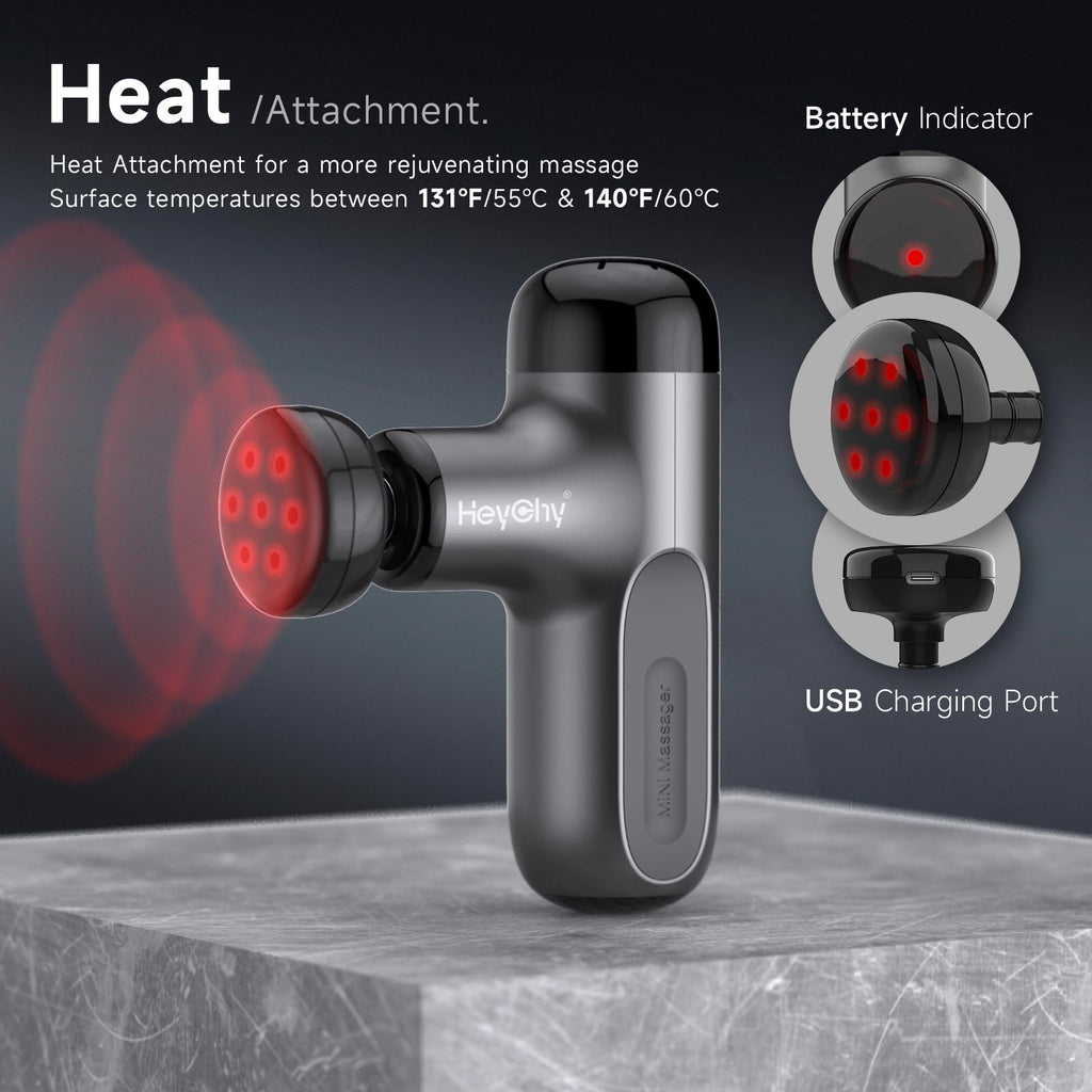 HEYCHY Mini Massage Gun with Heat, Deep Tissue Massage Gun, Portable Percussion Muscle Massager with 4 Massage Heads for Athlete