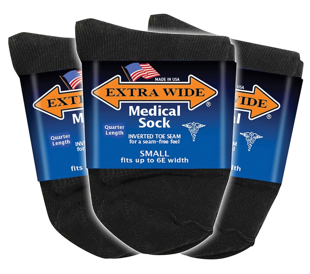 Extra Wide Medical (Diabetic) Quarter Sock (Pack of 3), Made in USA (Medium, Black)