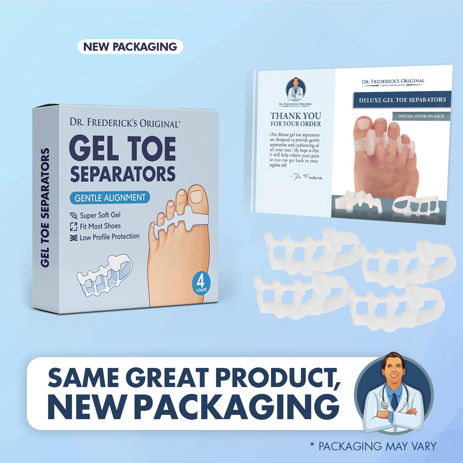 Dr. Frederick's Original Gel Toe Spreaders - 2pcs- Gel Toe Spacers - Bunion Toe Separators - Temporary Bunion Corrector - Gel Or
