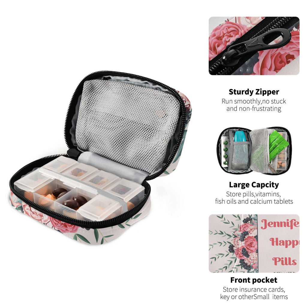 Custom Pill Box 7 Day Pill Case Bag Blossom Flower Personalized Name Travel Pill Organizer Bag with Zipper Portable Weekly Case