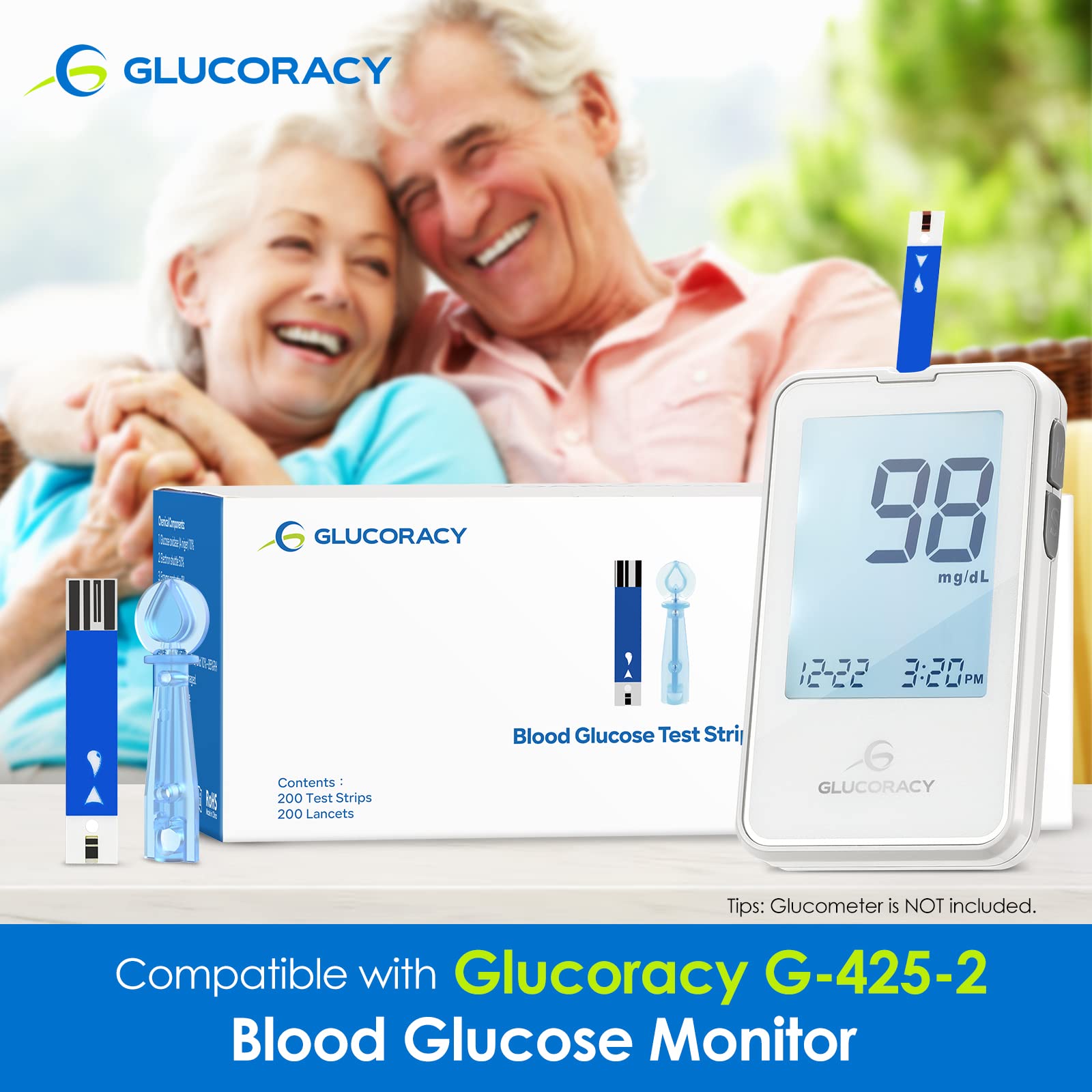 Glucoracy Blood Glucose Test Strips G-425-2, 200 Blood Sugar Test Strips for Diabetes, 200 Lancets, Self Diabetes Blood Glucose