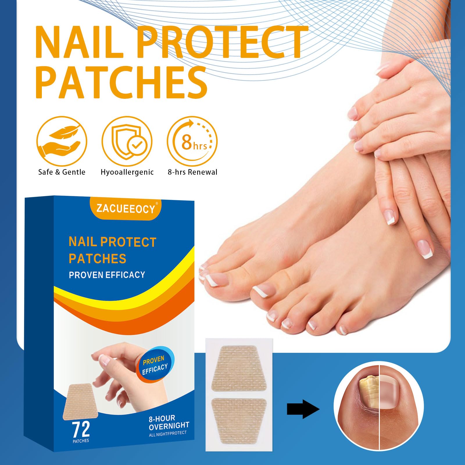 ZACUEEOCY 72PCS Nail Treatment Patches for Toenail and Fingernails, Nail Repair Patches Extra Strength 8-Hours Overnight Care an
