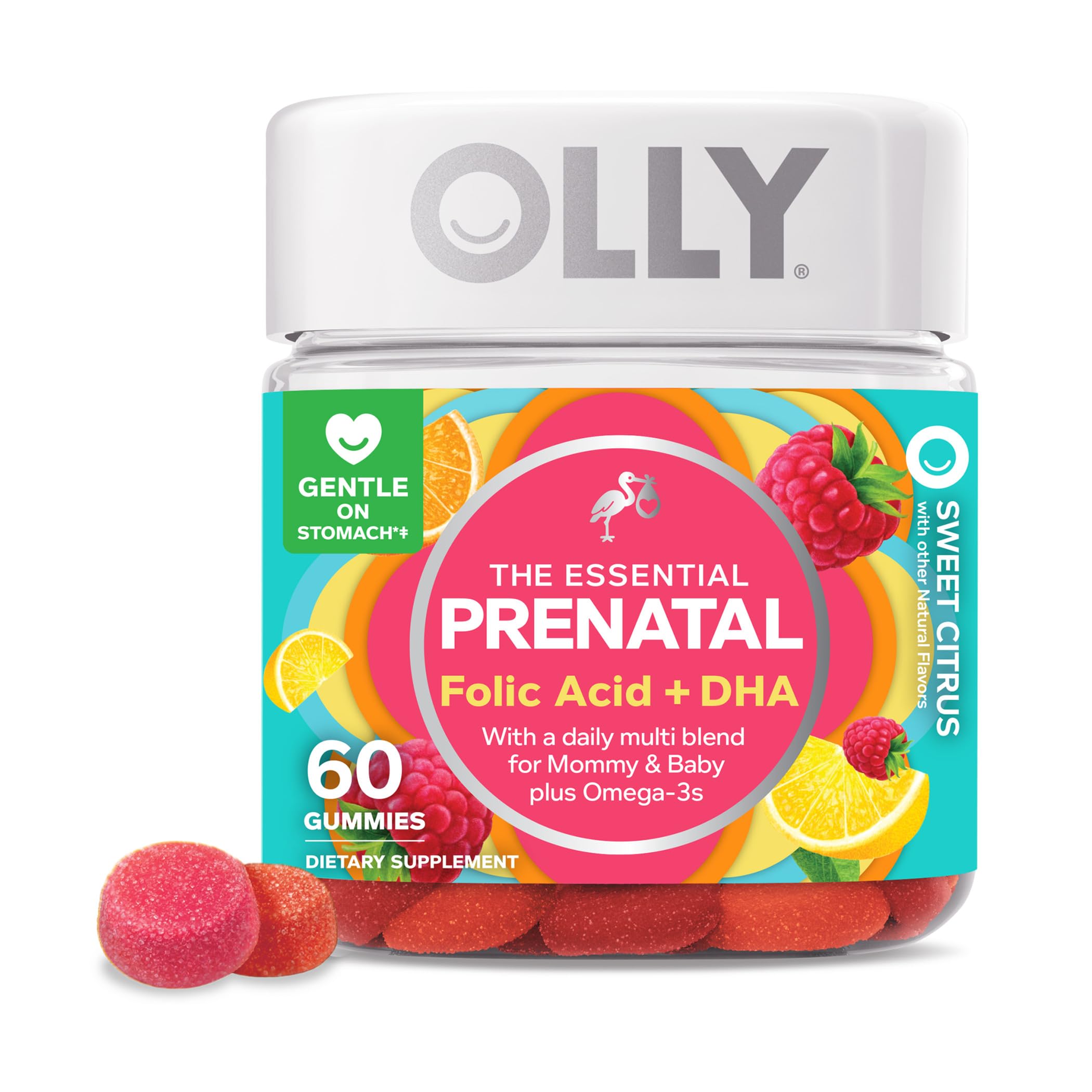 Olly The Essential Prenatal Gummy Multivitamin, 30 Day Supply ( Gummies), Sweet, Folic Acid, Vitamin D, Omega 3 DHA, Chewable Su