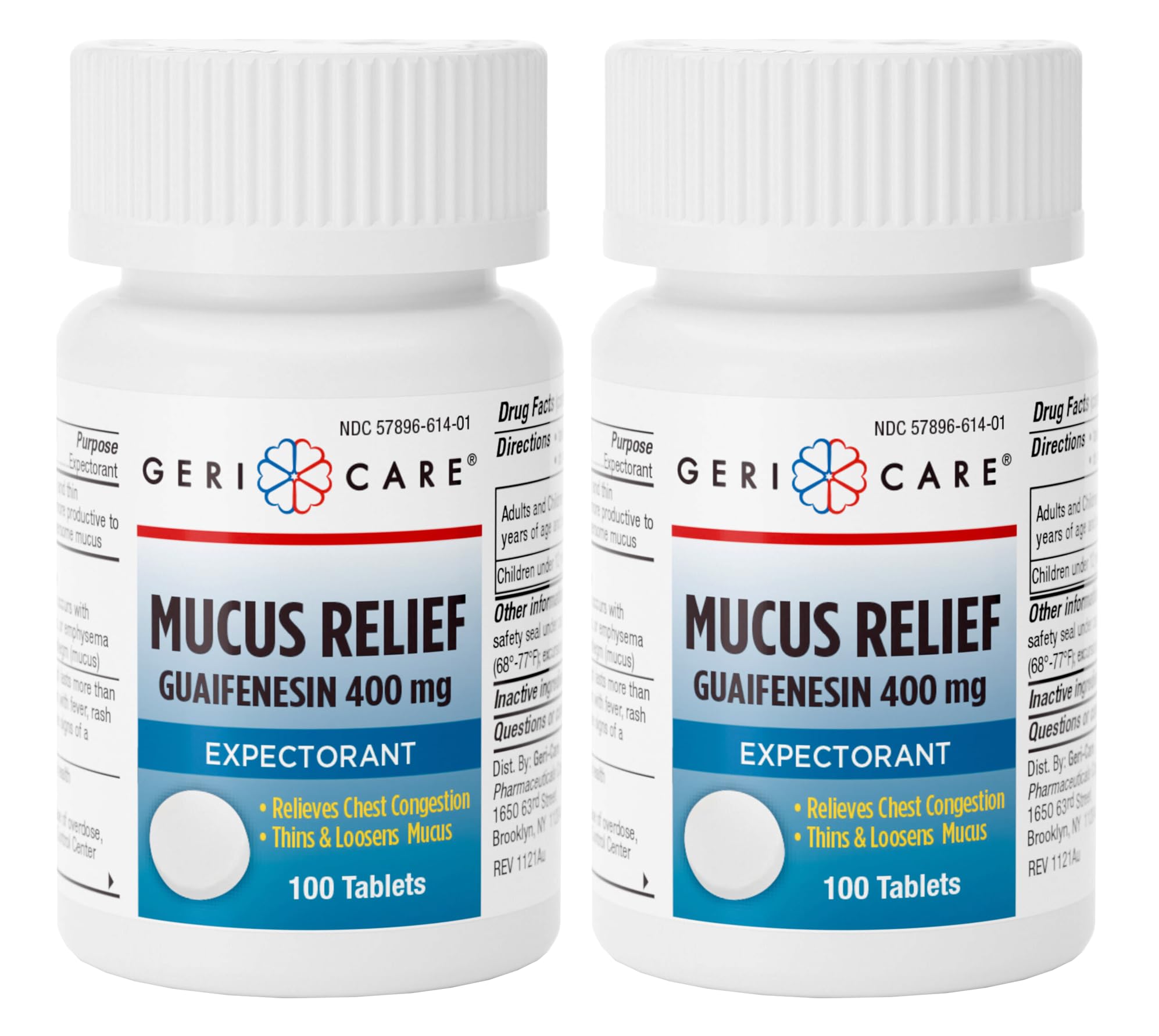 Mucus Relief Tablets by Geri-Care | Expectorant For Chest Congestion Relief | Guaifenesin 400mg | 100 Count Bottle | 2-Pack (Tot
