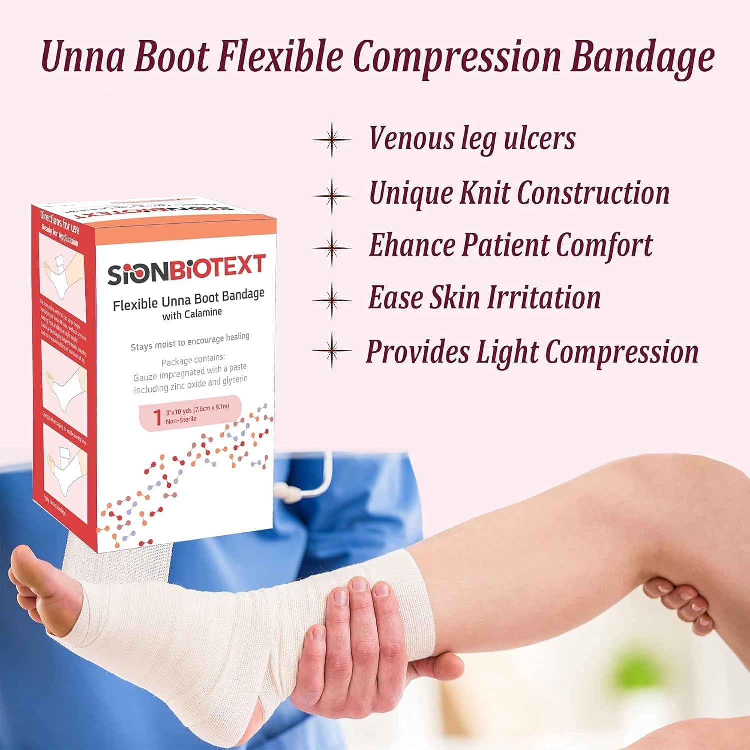 Sion Biotext Unna Boot with Zinc and Calamine - 3    x 10 Yards Flexible Compression Bandage - Moist Healing Environment - Ideal