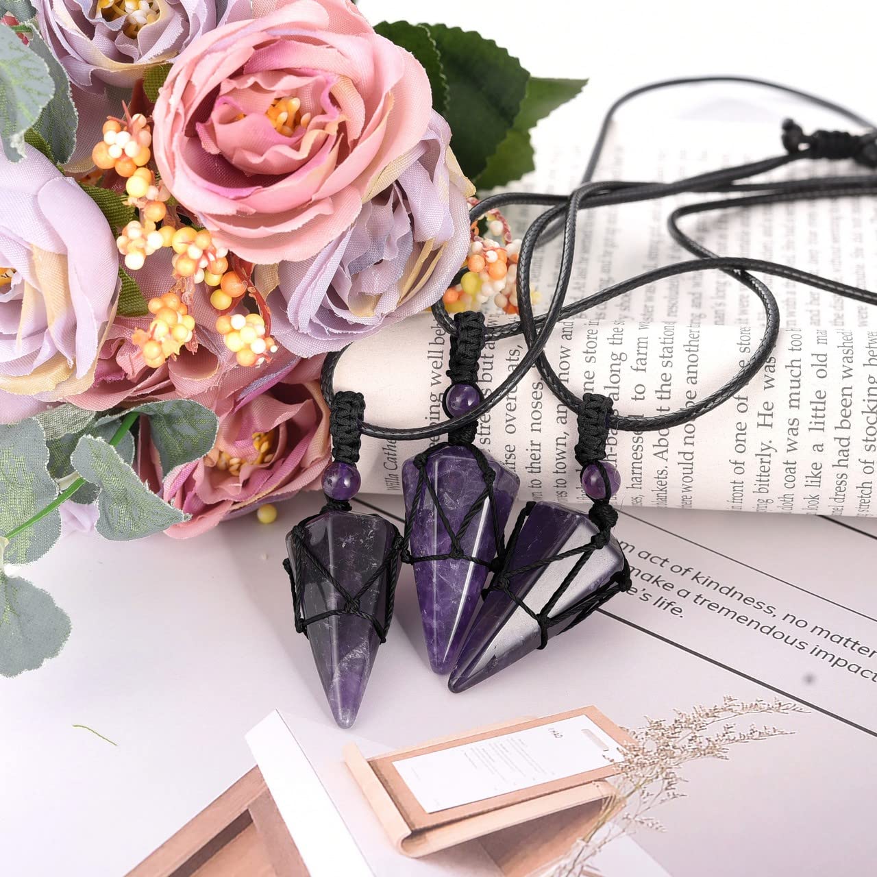 Top Plaza Amethyst Healing Crystal Stone Necklace for Women Men 6 Facet Pointed Pendant Necklaces Adjustable Natural Gemstone Ne