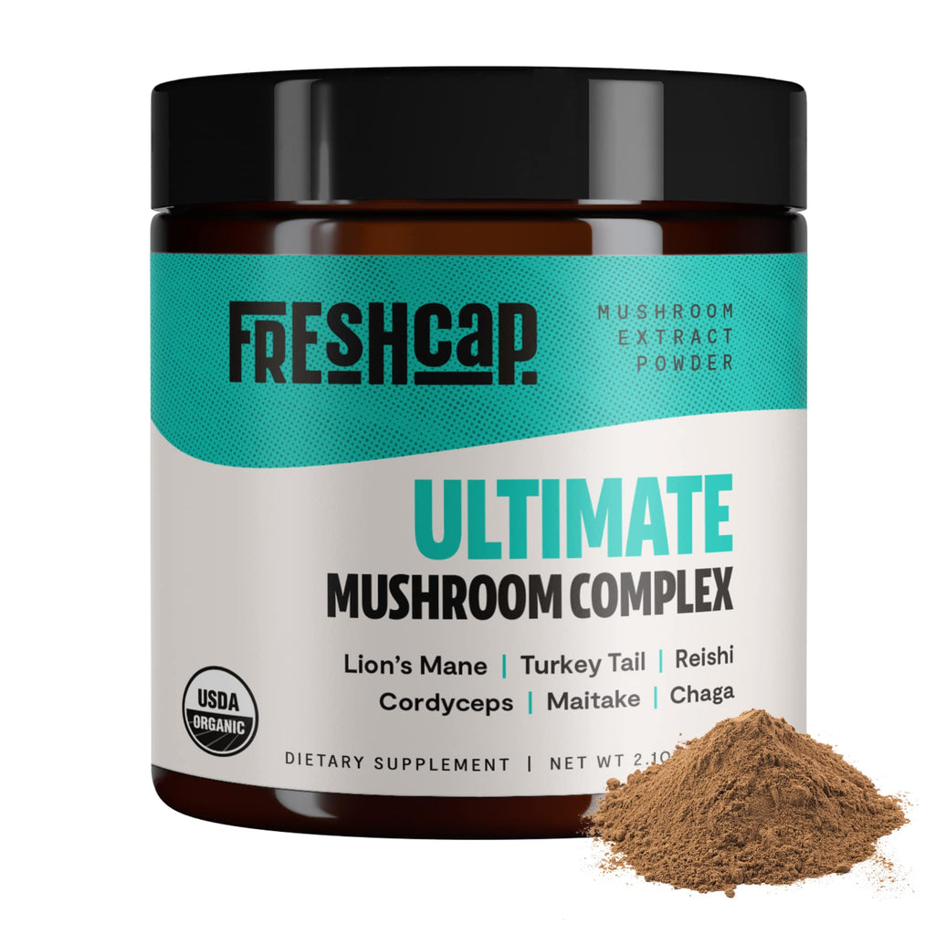 FreshCap Ultimate Mushroom Complex Powder - Ayurveda Lions Mane, Reishi, Cordyceps, Chaga, Turkey Tail, Maitake Supplements - fo