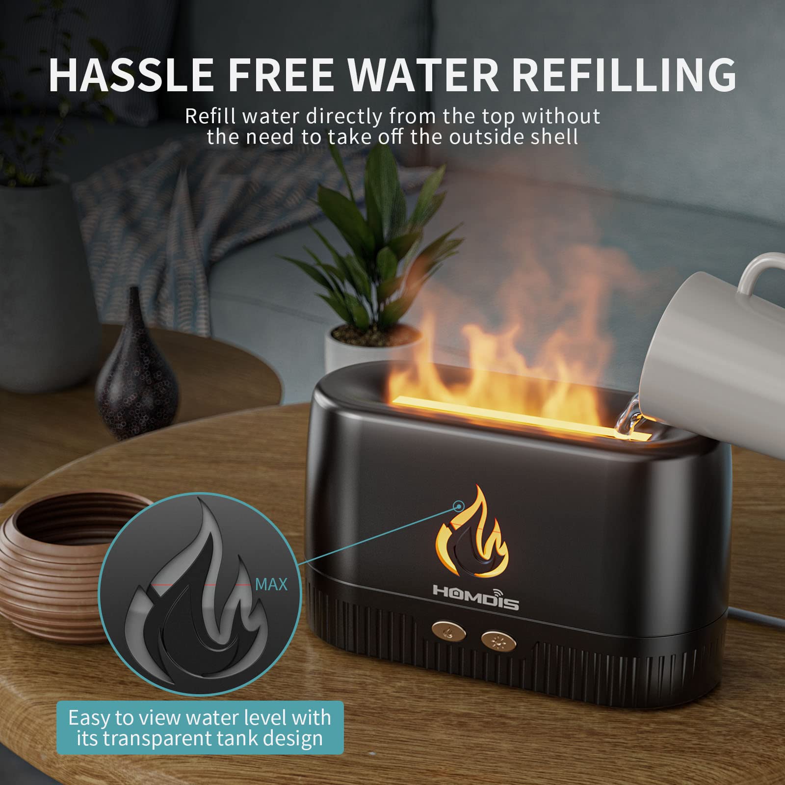 HOMDIS Essential Oil Diffusers, Quiet Flame Diffuser, 7 Colors Modes Changed Light Flame Humidifer, Auto Shut Off Aromatherapy D