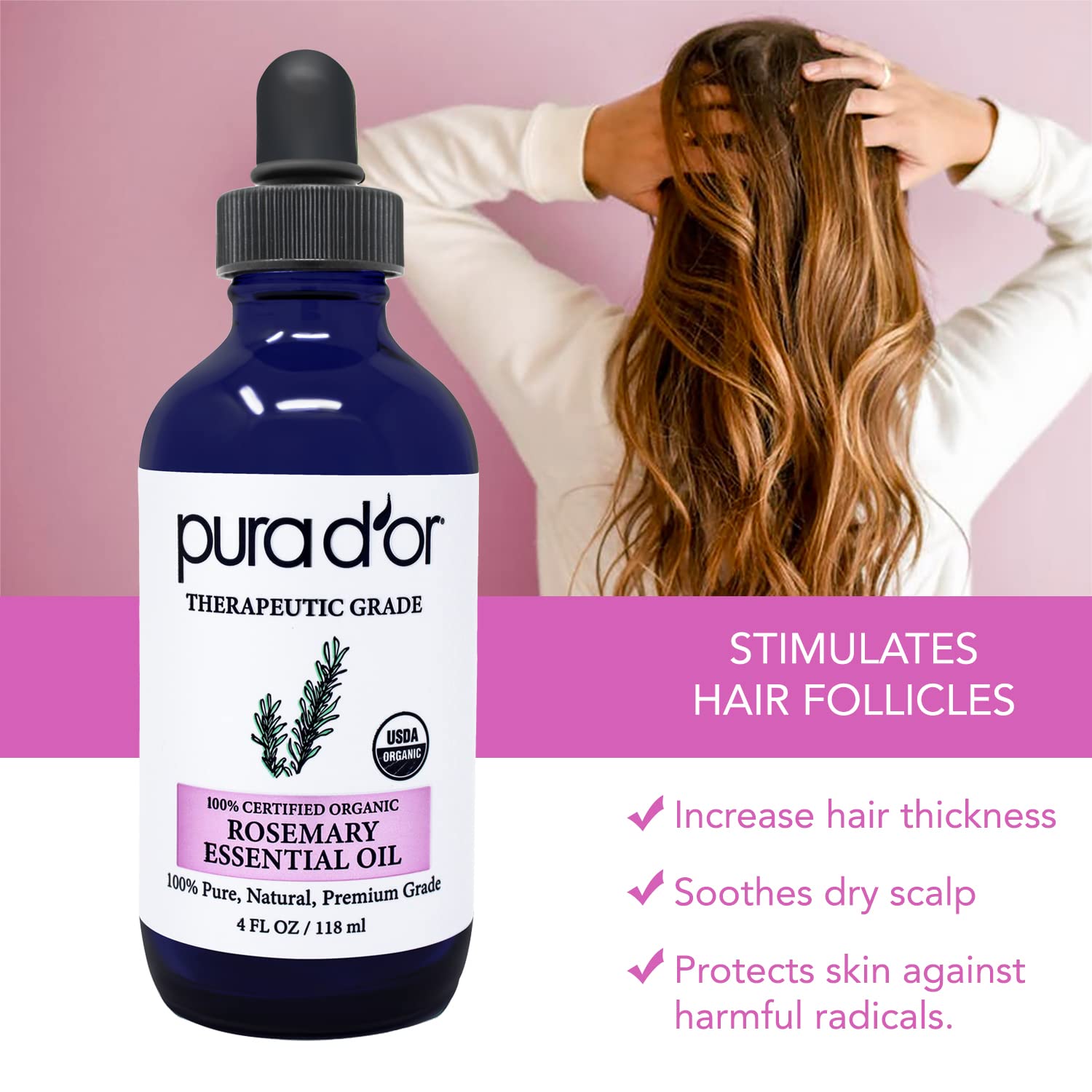PURA DOR Organic Rosemary Essential Oil, 4oz, Therapeutic Grade, for Hair, Body, Skin, Aromatherapy, Relaxation, Massage, Mood,