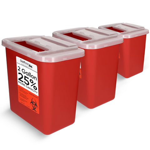 Oakridge Products Large Sharps Container for Home Use and Professional 2 Gallon (3-Pack) with Sliding Top, Biohazard Needle and 