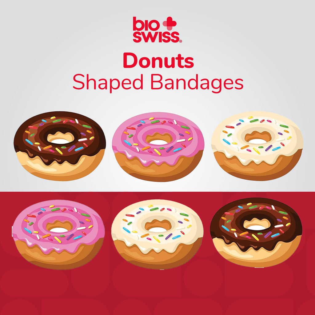 BioSwiss Bandages, Donut Shaped Self Adhesive Bandages, Latex Free Sterile Wound Care, Fun First Aid Kit Supplies for Kids, 50 C