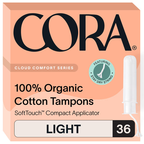 Cora Organic Applicator Tampons | Light Absorbency | 100% Organic Cotton, Unscented, BPA-Free Compact Applicator | Leak Protecti